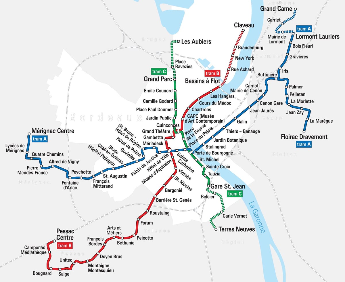 Bordeaux raitiovaunu reitti kartta