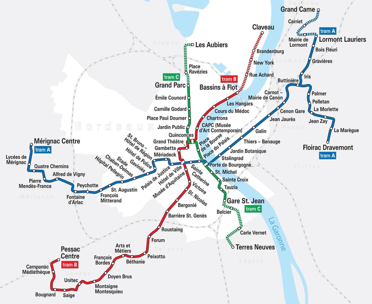 raitiovaunu kartta Bordeaux, ranska