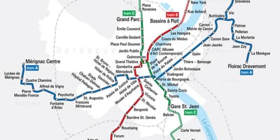 Raitiovaunu kartta Bordeaux, ranska